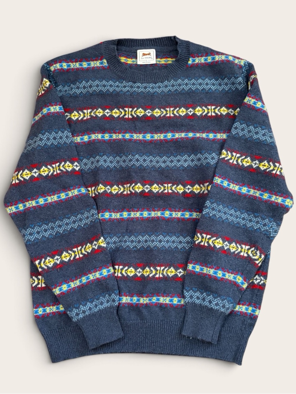 VINTAGE Le Tigre Fair Isle Geometric Sweater Men’s L Navy Multicolor Wool Blend